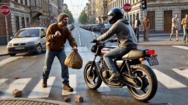 Streit Motorradfahrer und Fussgaenger am Zebrastreifen