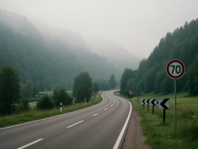 Petition gegen Motorradlärm im Donautal: Land setzt auf Tempolimits und weitere Maßnahmen statt Fahrverbot 57 Strasse mit 70er Begrenzung im Nebel